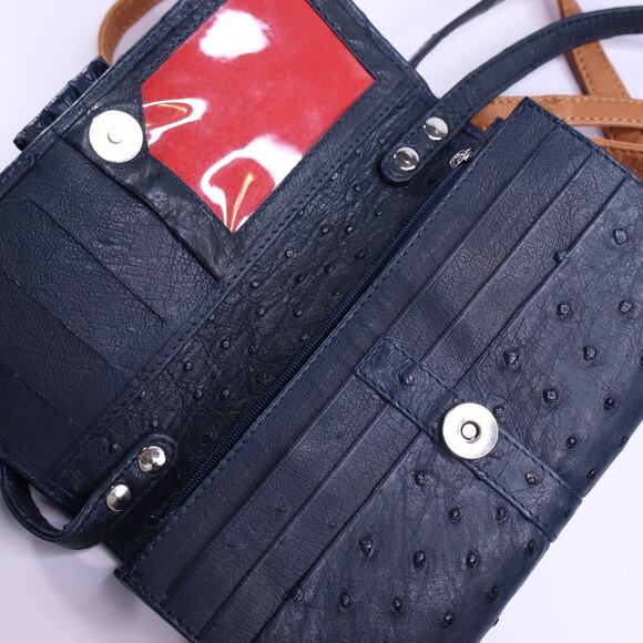 KAROO Classics Bundle of 2 Ostrich Leather Croc Shin Crossbody Bag Blue and Tan - Picture 4 of 6